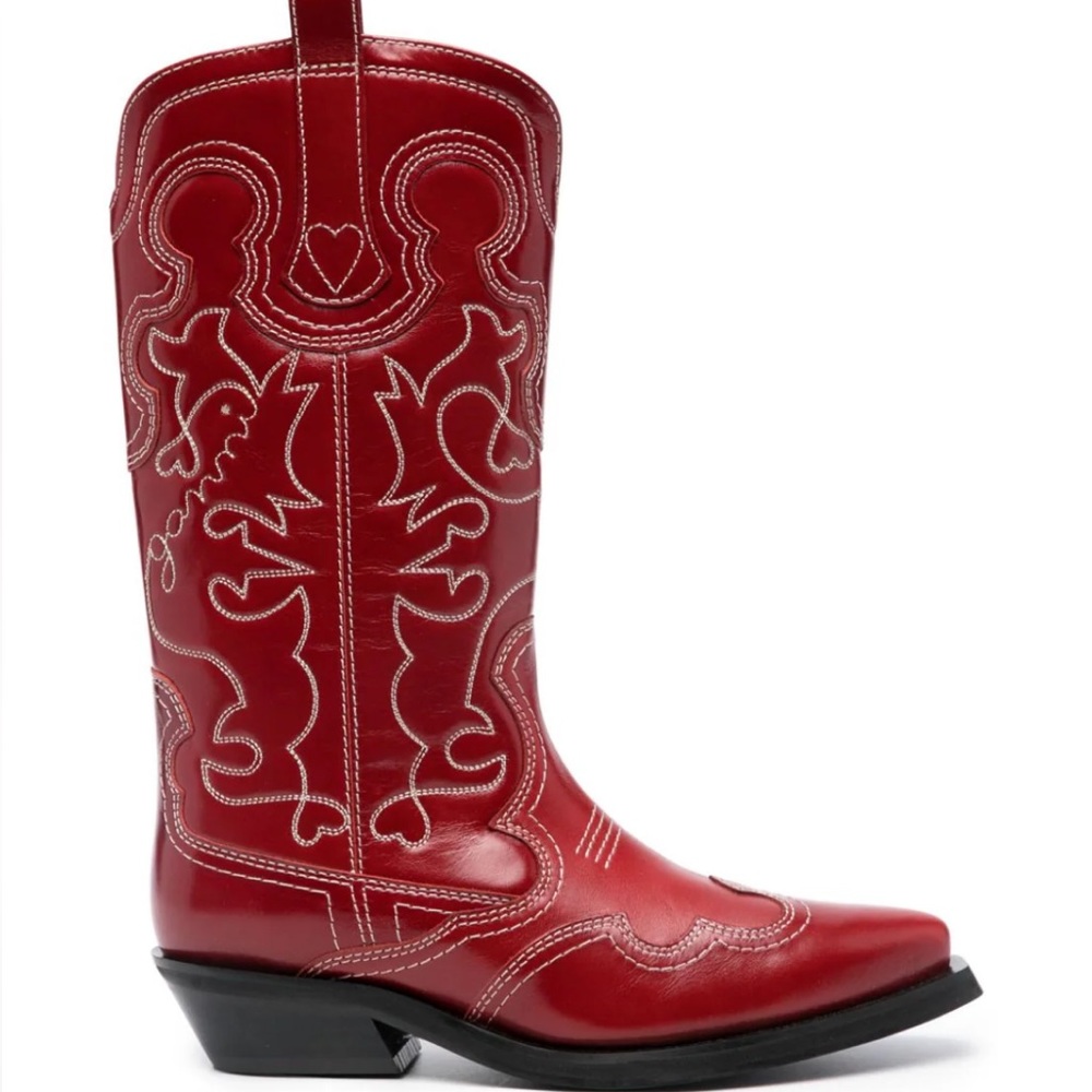 NWOB- Ganni Red Mid shaft Embroidered Western Boots Sz38